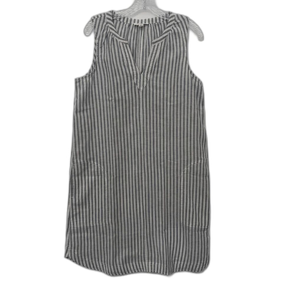 Beach Lunch Lounge Striped Linen Blend Sleeveless Shift Dress Size M Blue/White